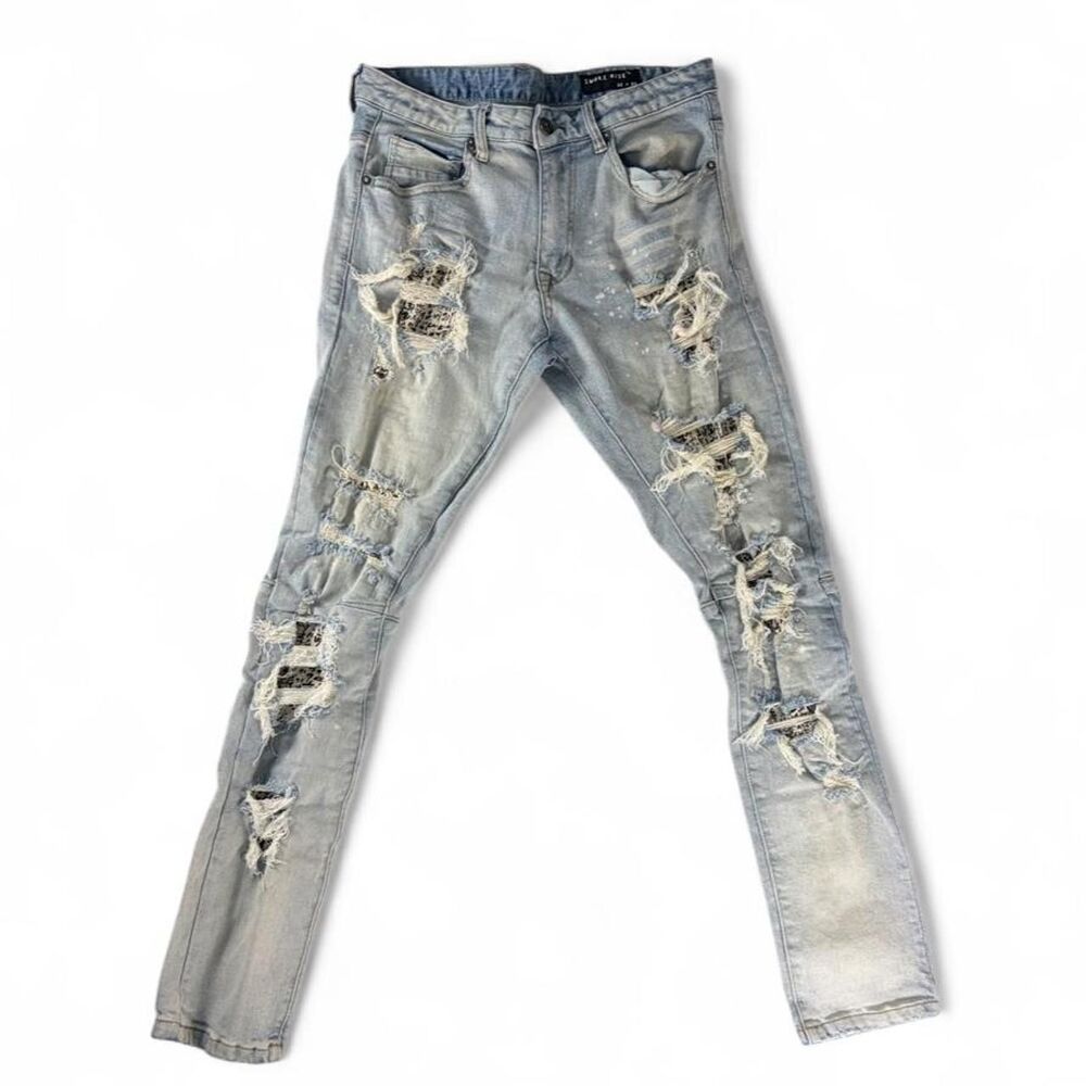 Smoke Rise streetwear slim fit blue heavily distressed jeans